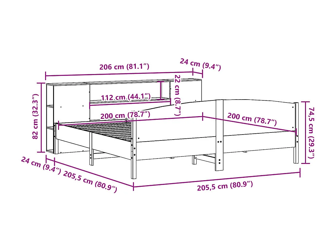 Bed met boekenkast zonder matras grenenhout wit 200x200 cm