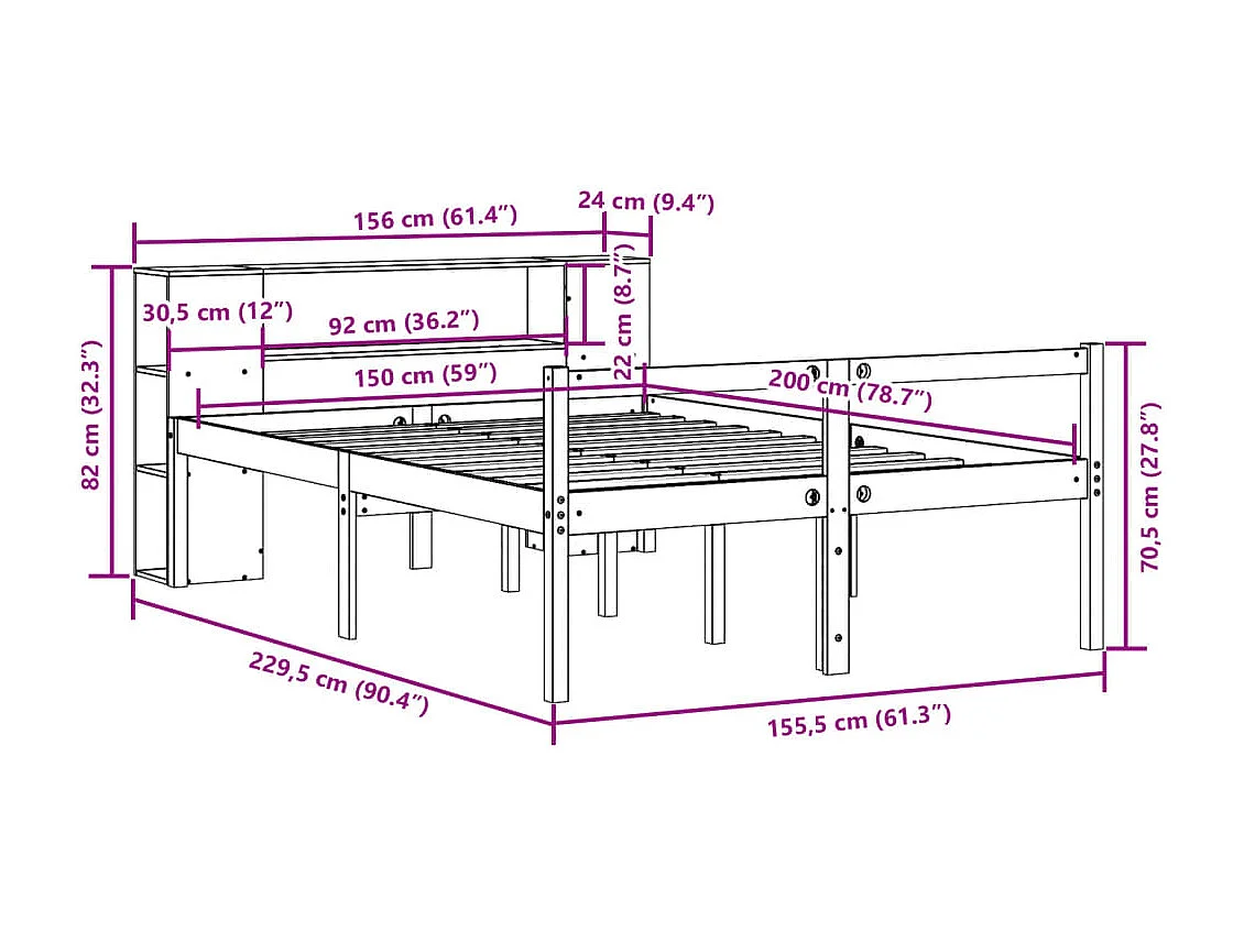 Lit bibliothèque sans matelas cire marron 150x200cm bois massif