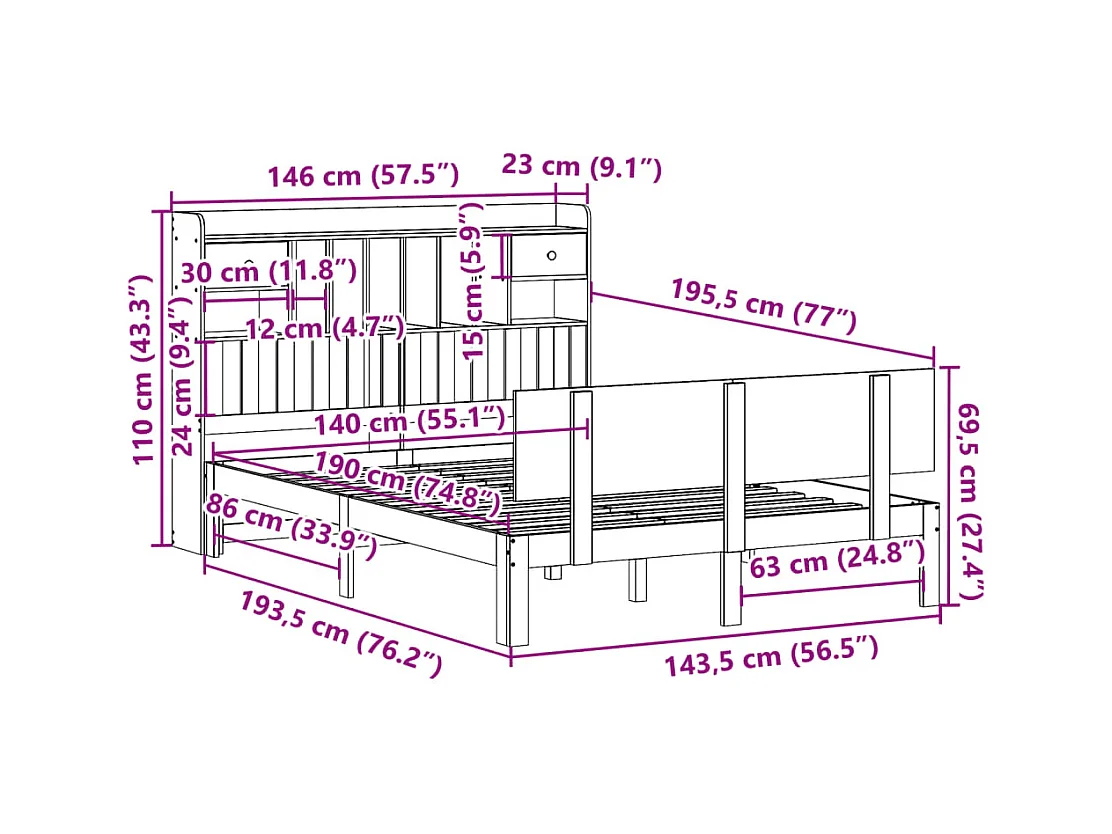 Lit bibliothèque sans matelas 140x190 cm bois de pin massif