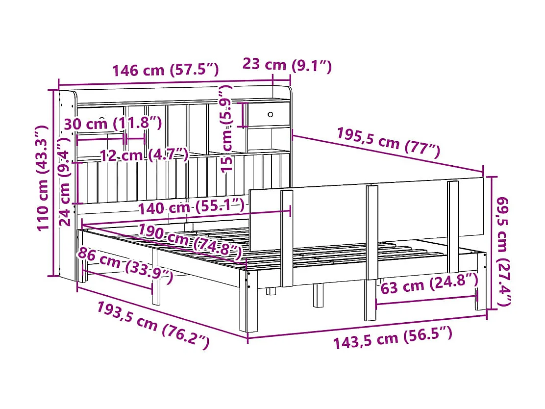 Lit bibliothèque sans matelas 140x190 cm bois de pin massif