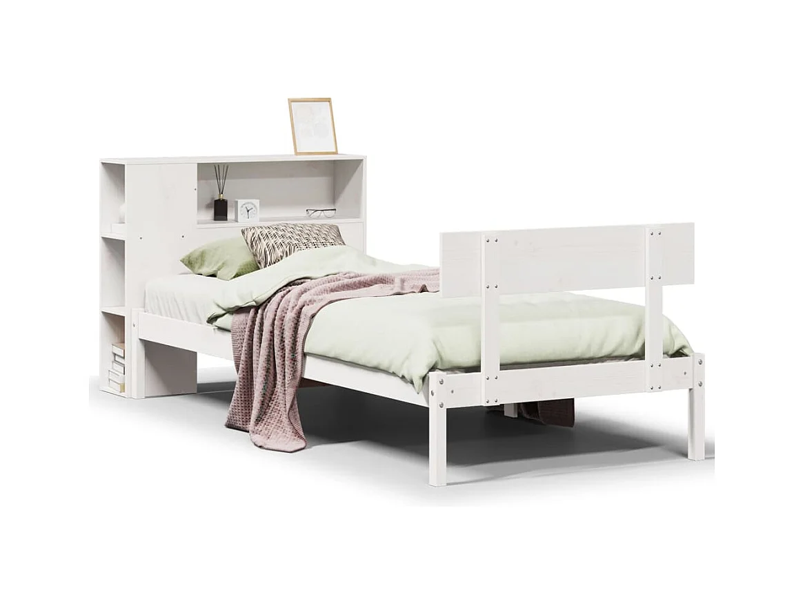 Lit bibliothèque sans matelas blanc 90x190cm bois de pin massif