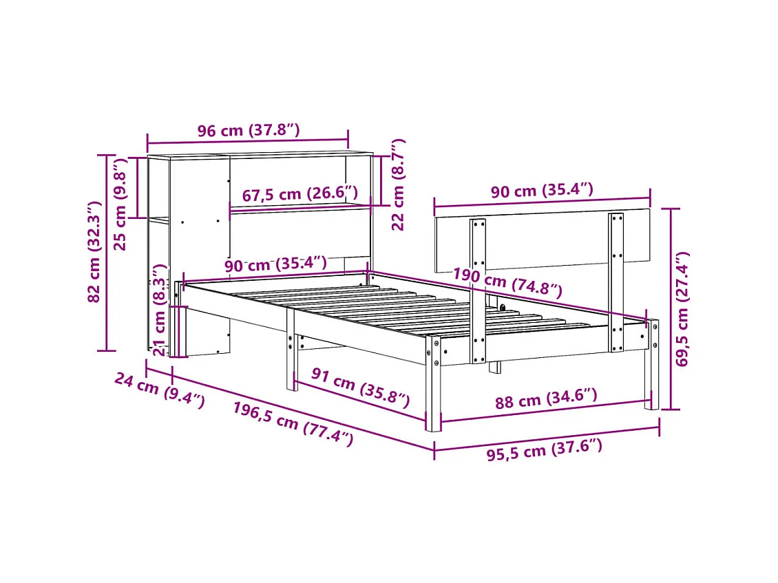 Lit bibliothèque sans matelas blanc 90x190cm bois de pin massif