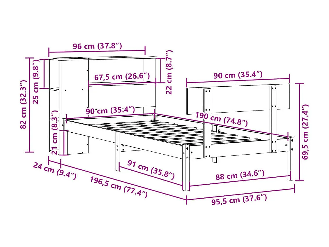 Lit bibliothèque sans matelas blanc 90x190cm bois de pin massif