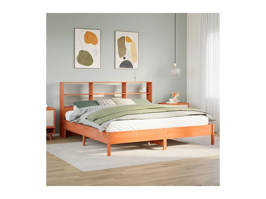Lit bibliothèque sans matelas cire marron 200x200 cm pin massif