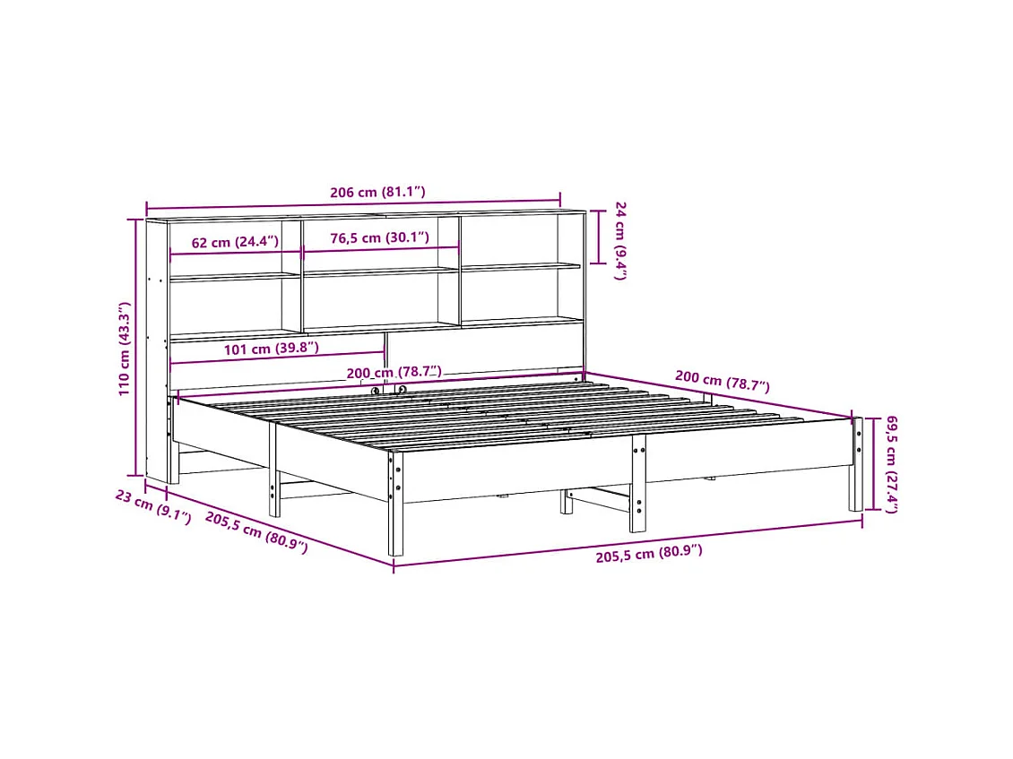 Lit bibliothèque sans matelas cire marron 200x200 cm pin massif