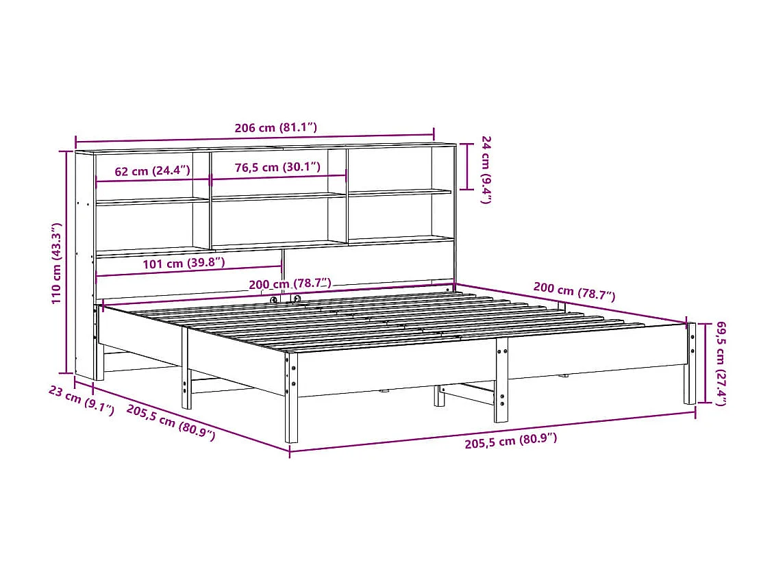 Massivholzbett mit Regal ohne Matratze Wachsbraun 200x200 cm