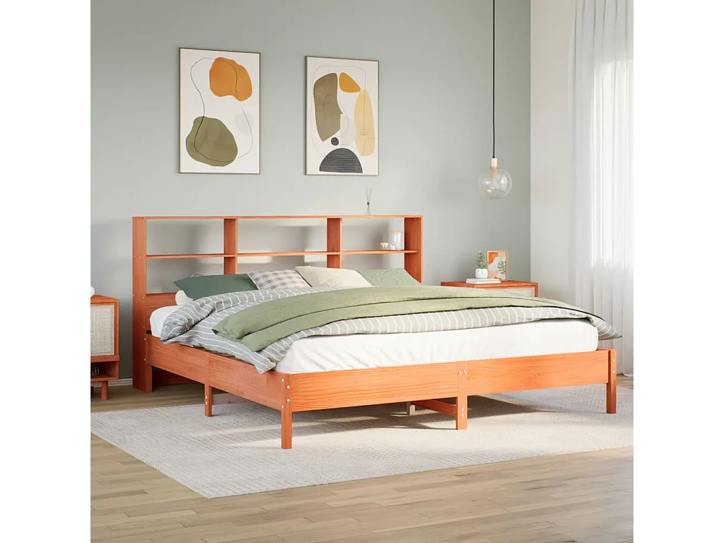 Letto Libreria senza Materasso Marrone Cera 200x200 cm in Pino