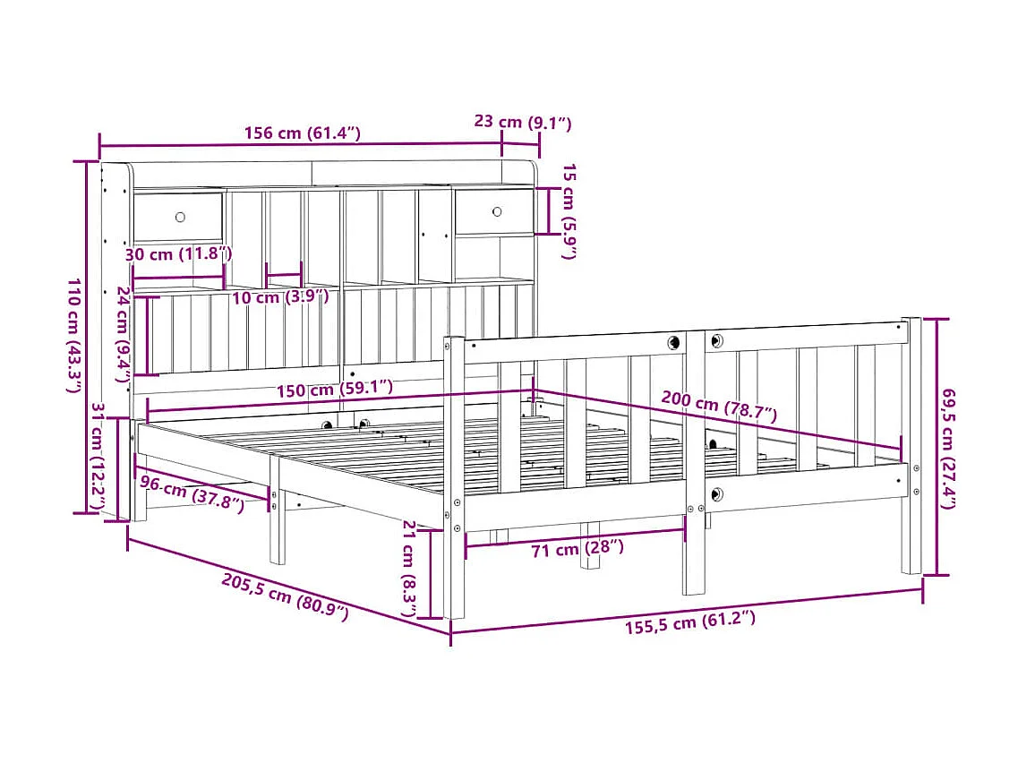 Letto Libreria senza Materasso Marrone Cera 150x200 cm in Pino