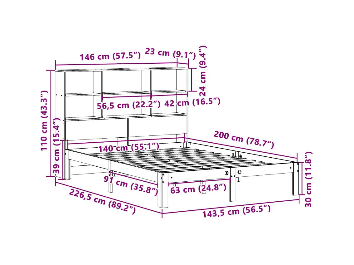 Lit bibliothèque sans matelas 140x200 cm bois massif de pin