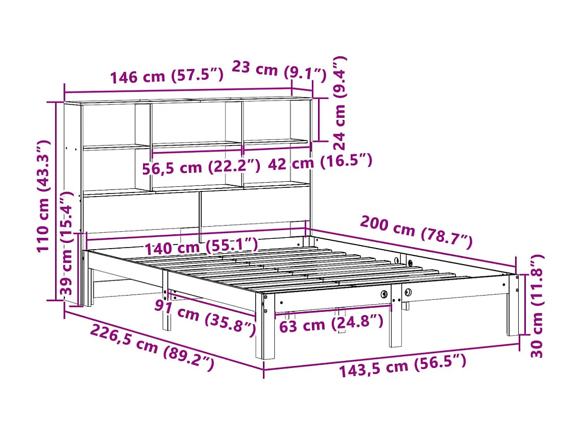 Bed met boekenkast zonder matras massief grenenhout 140x200 cm