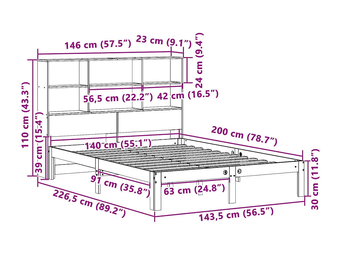 Bed met boekenkast zonder matras massief grenenhout 140x200 cm