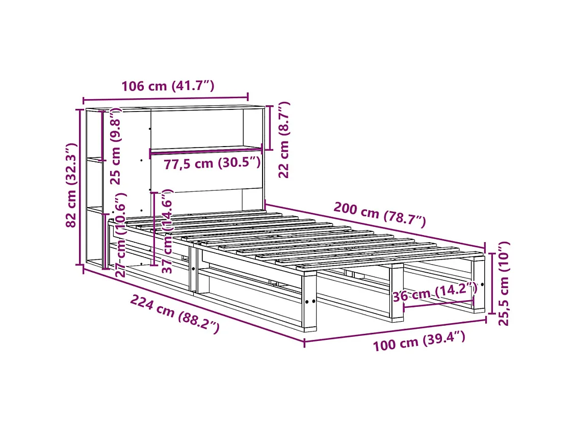 Massivholzbett mit Regal ohne Matratze 100x200 cm
