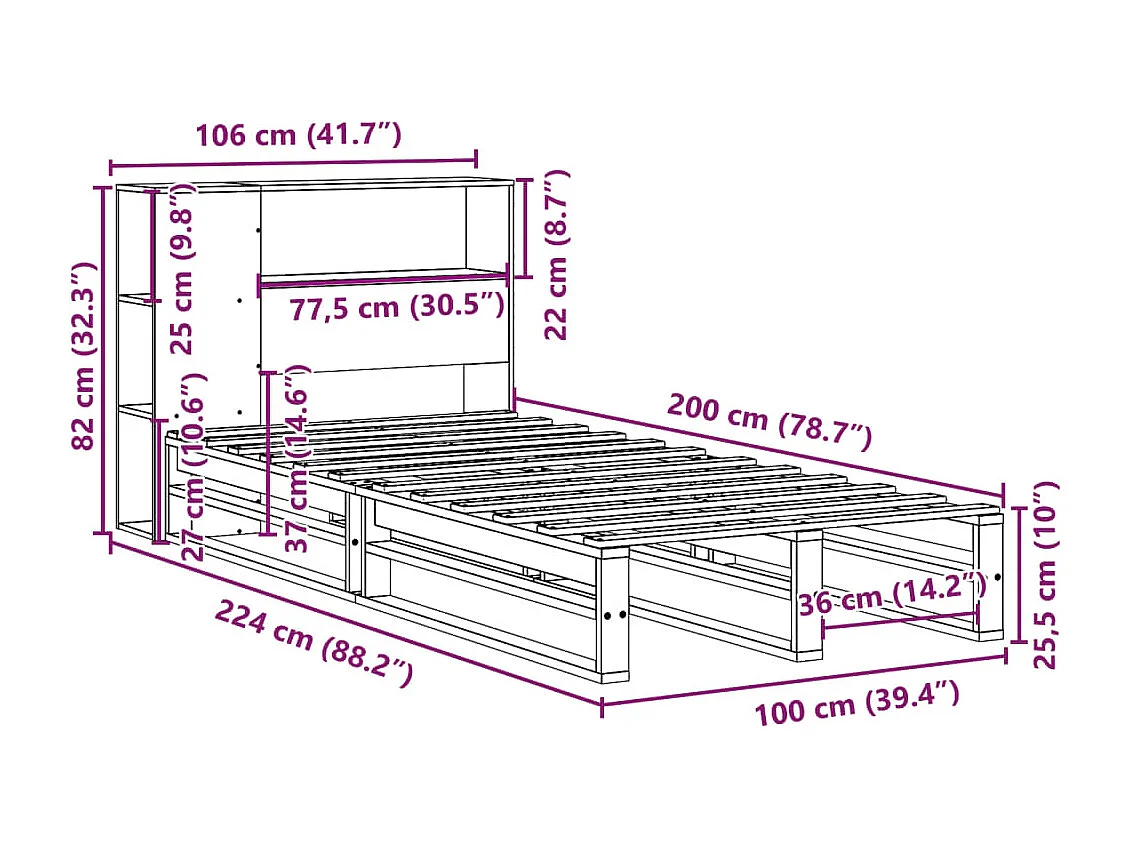Lit bibliothèque sans matelas 100x200 cm bois massif