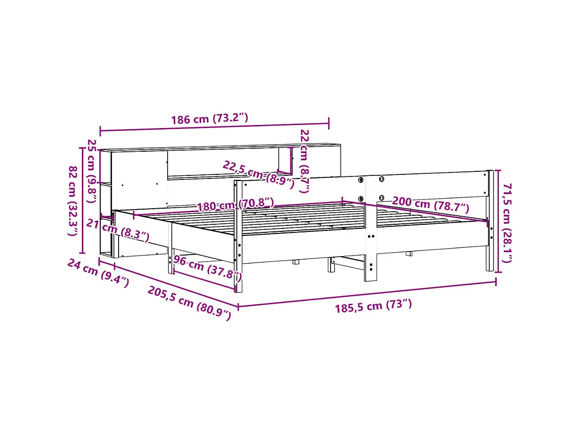Lit bibliothèque sans matelas blanc 180x200 cm bois pin massif