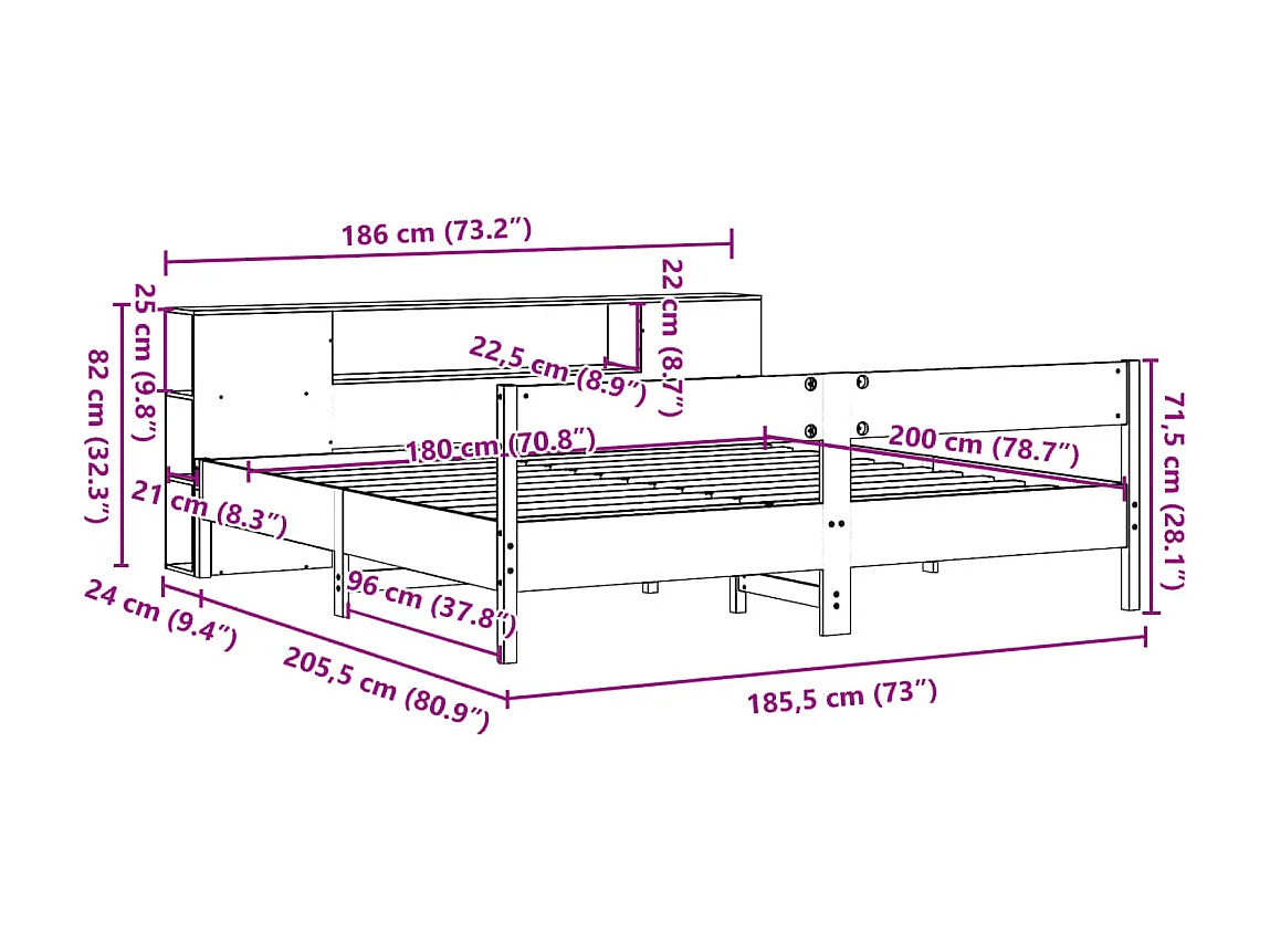 Lit bibliothèque sans matelas blanc 180x200 cm bois pin massif