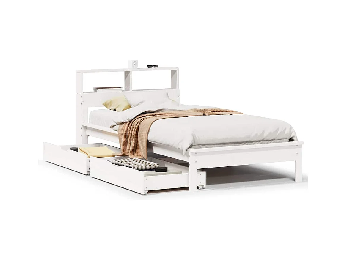 Lit bibliothèque sans matelas blanc 90x200cm bois de pin massif