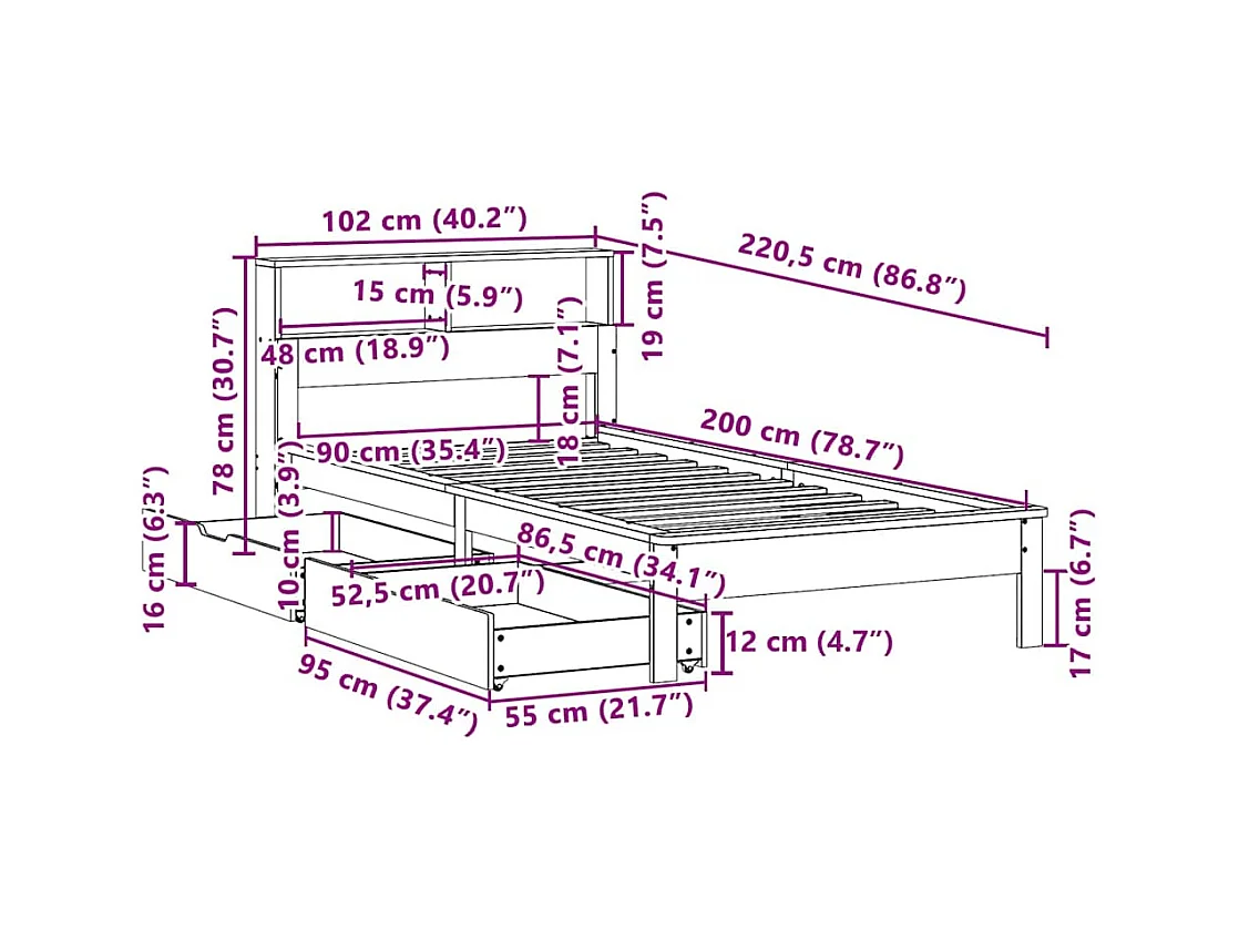 Lit bibliothèque sans matelas blanc 90x200cm bois de pin massif