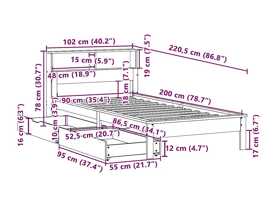 Massivholzbett mit Regal ohne Matratze Weiß 90x200 cm Kiefer