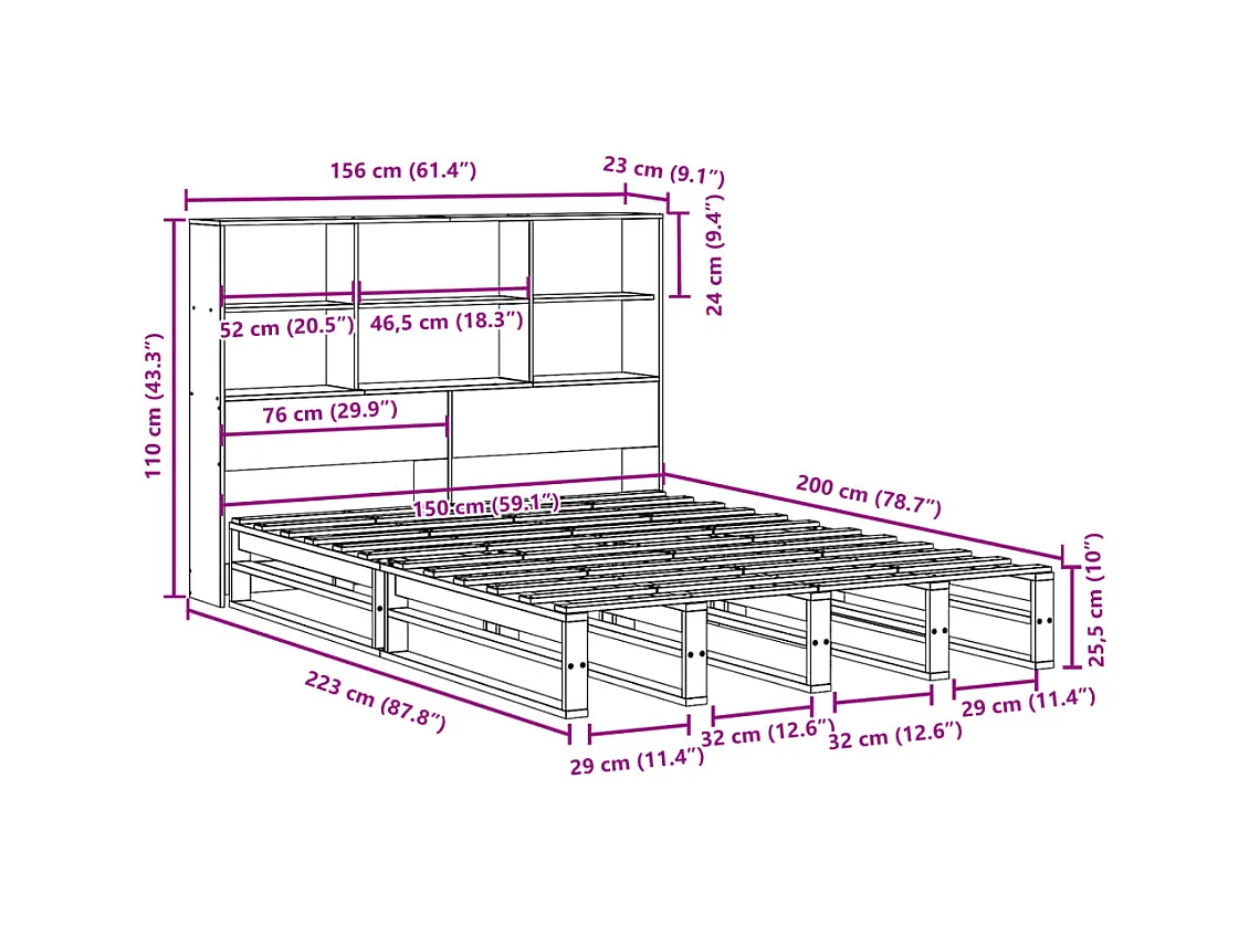 Massivholzbett mit Regal ohne Matratze 150x200 cm Massivholz
