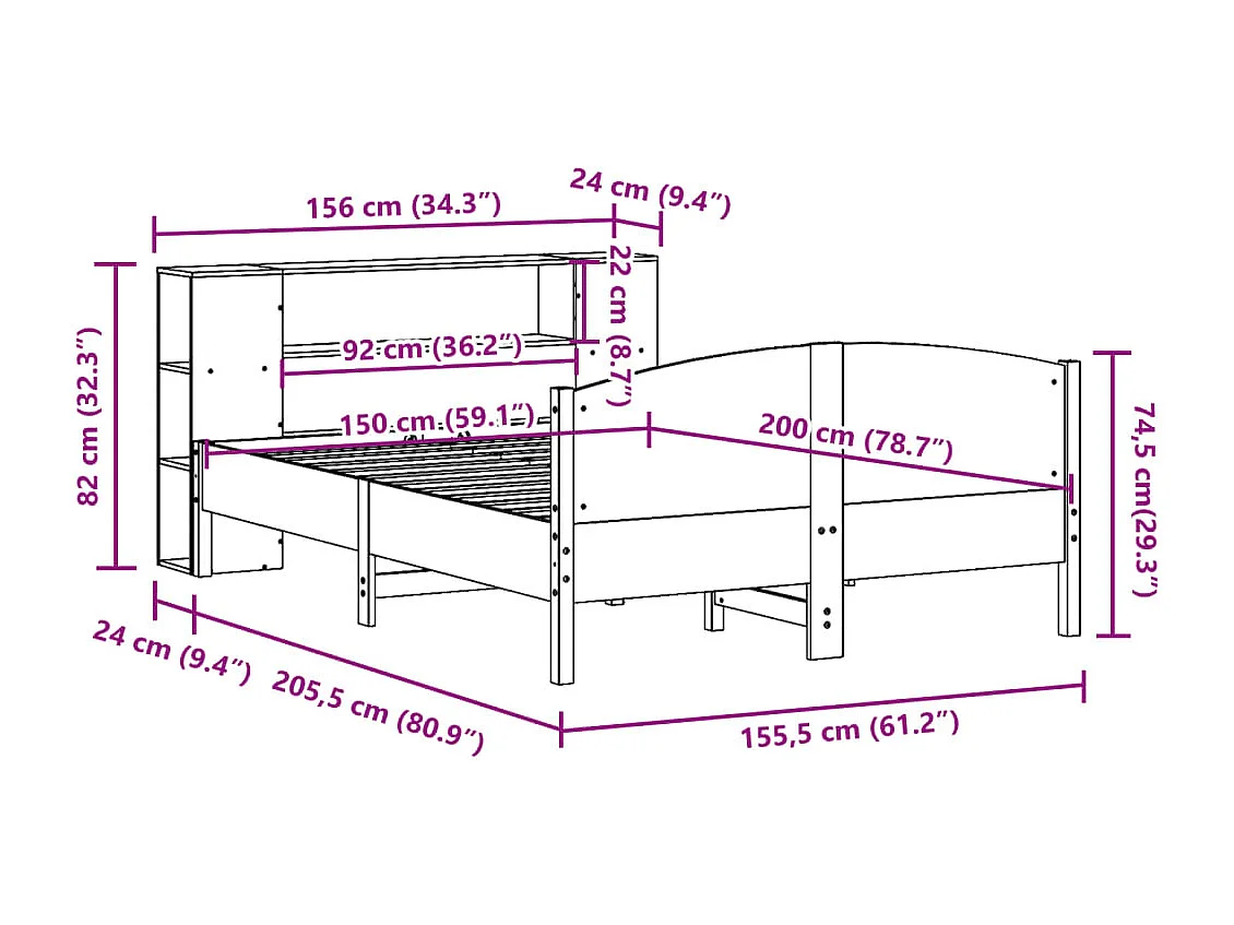 Lit bibliothèque sans matelas blanc 150x200 cm bois pin massif