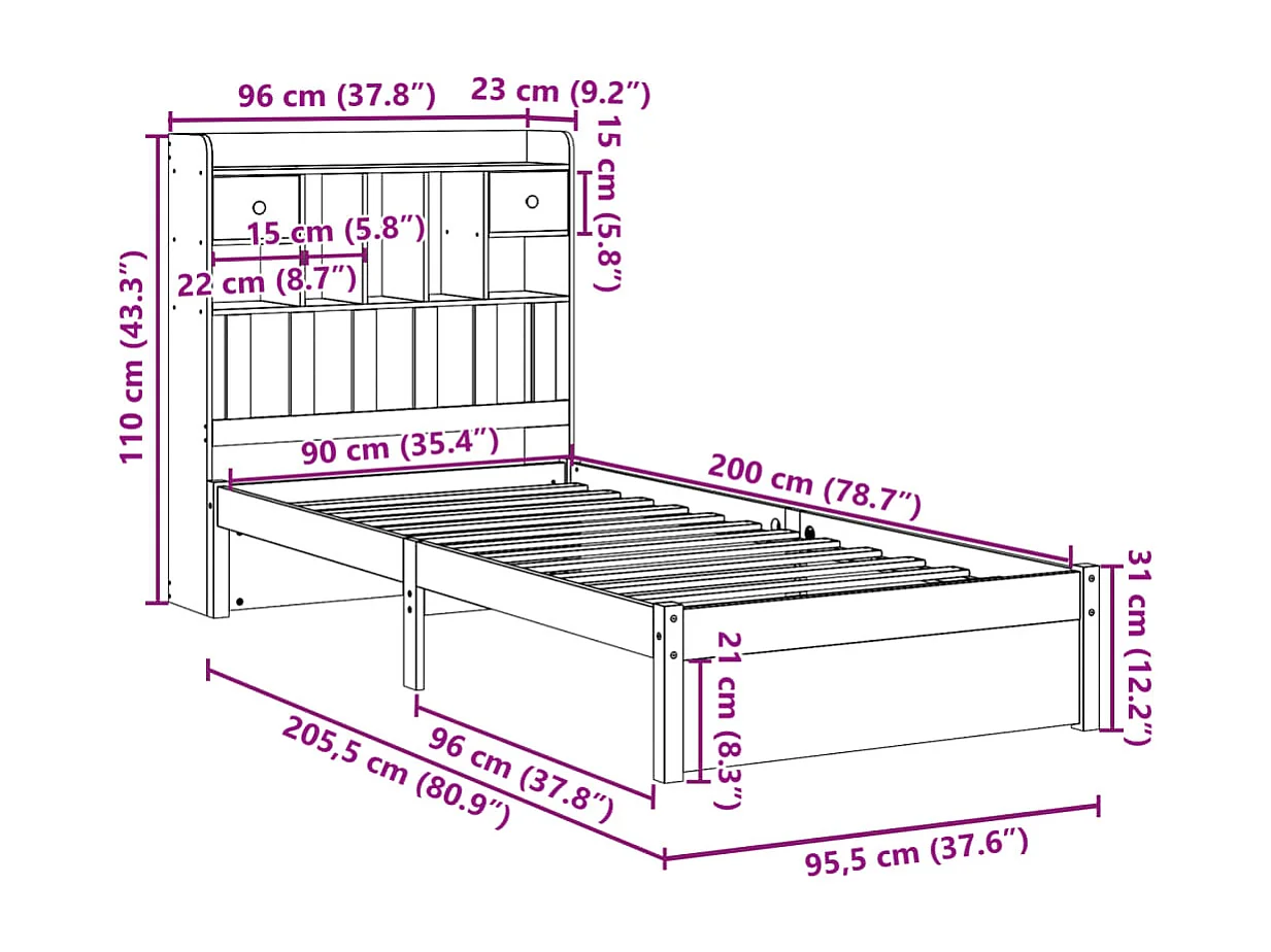 Cama com estante sem colchão 90x200 cm pinho maciço branco