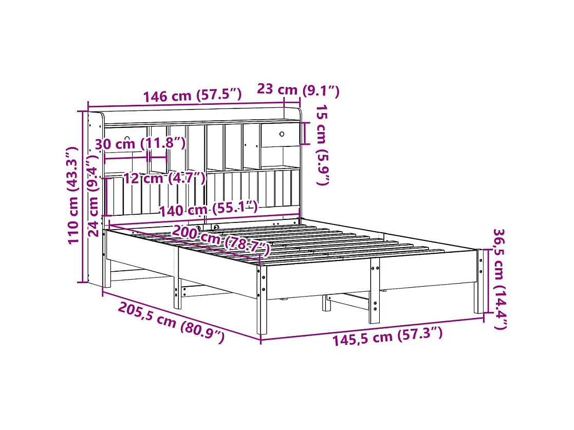 Lit bibliothèque sans matelas cire marron 140x200 cm pin massif