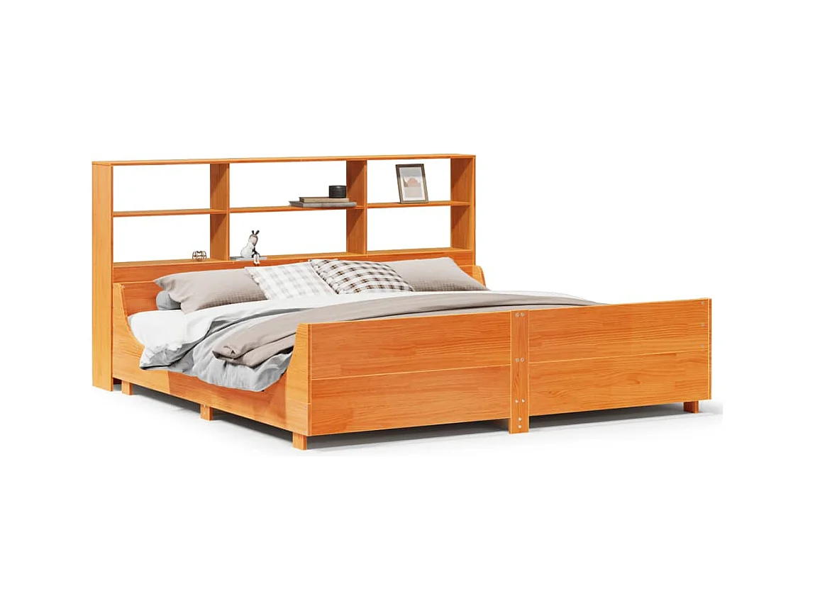 Lit bibliothèque sans matelas cire marron 200x200cm bois massif