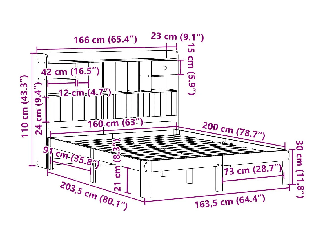 Letto Libreria senza Materasso Bianco 160x200 cm Legno di Pino