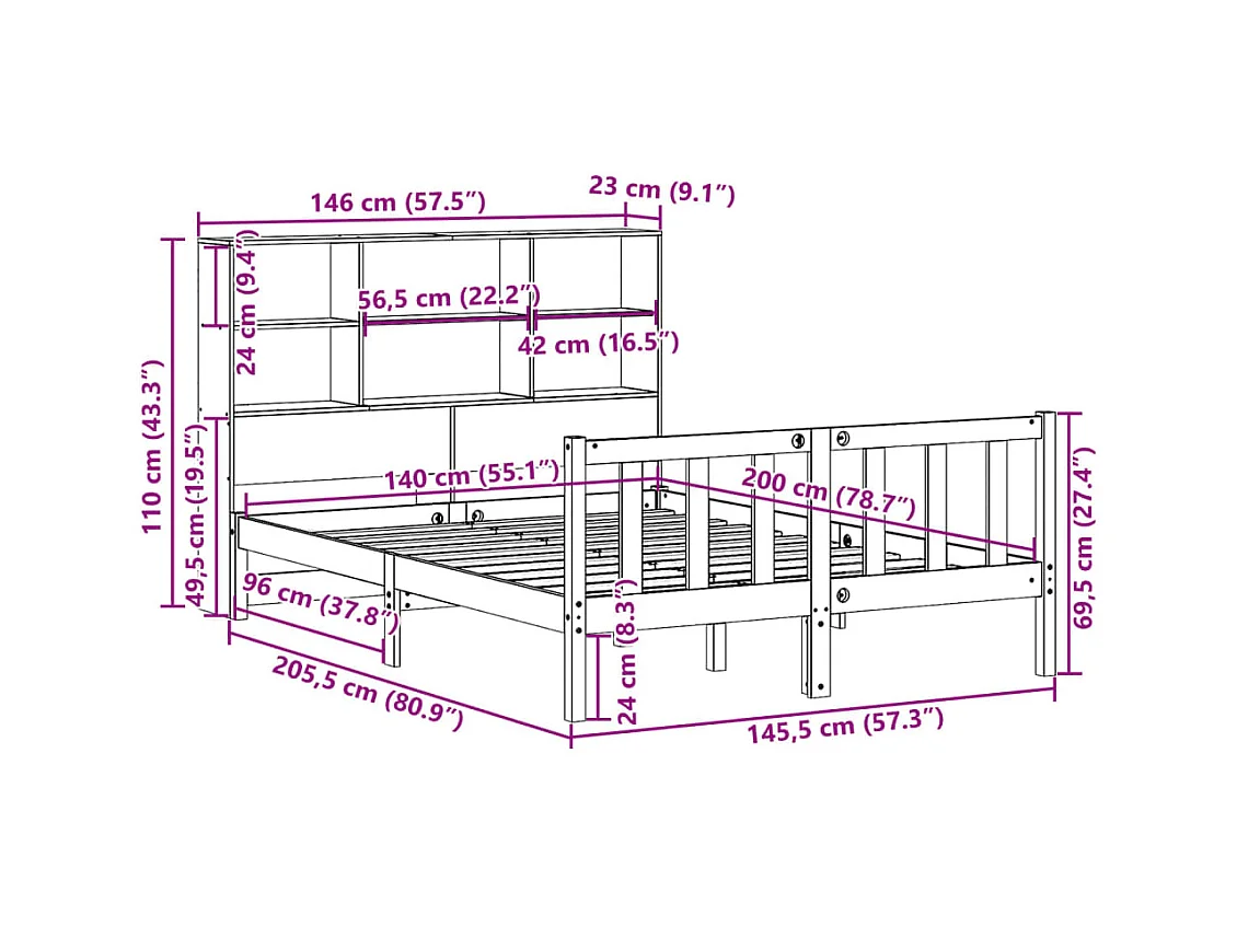 Bed met boekenkast zonder matras grenenhout wasbruin 140x200 cm
