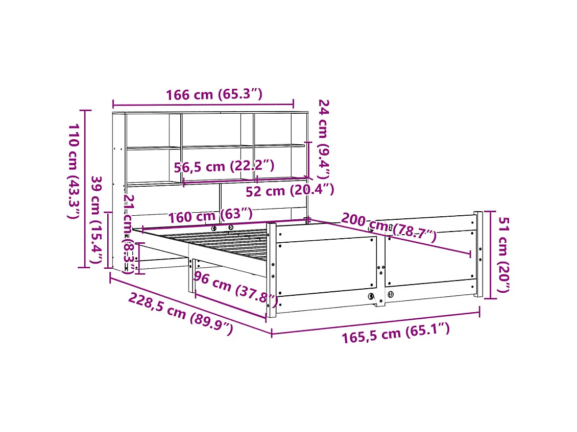 Lit bibliothèque sans matelas blanc 160x200 cm bois pin massif