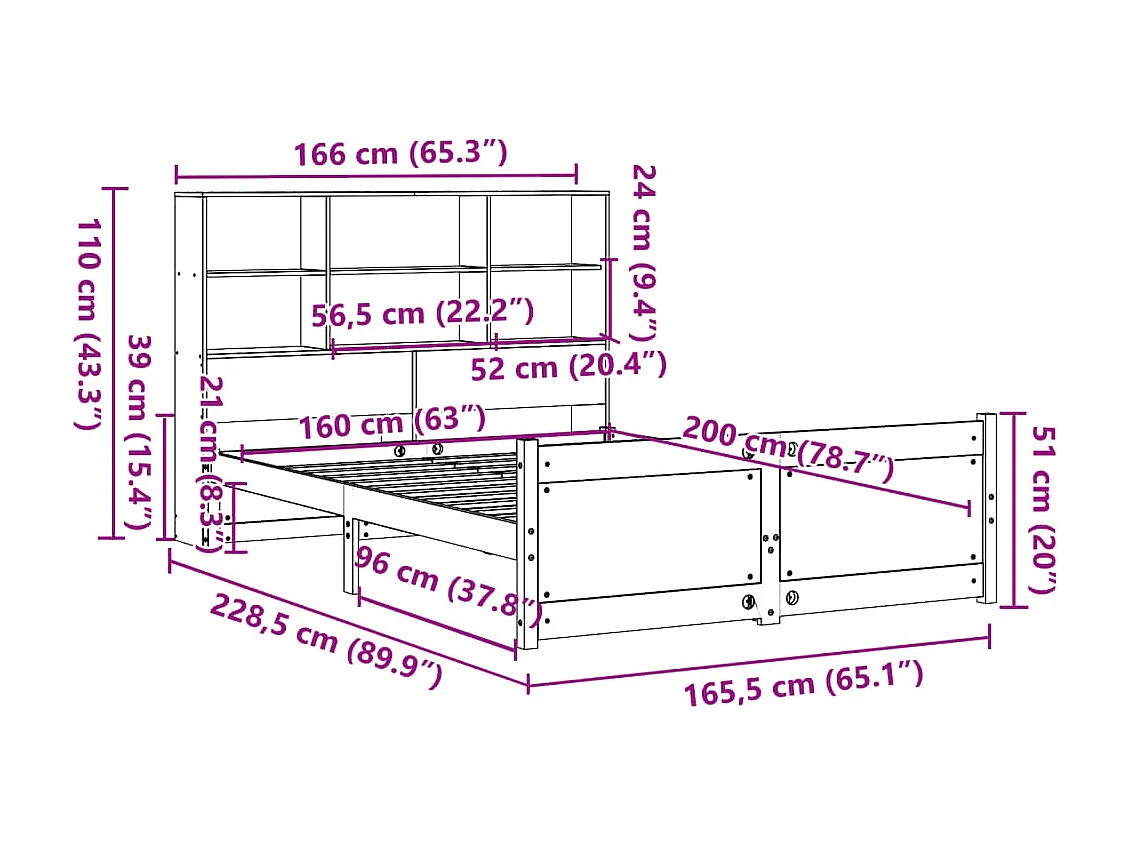 Lit bibliothèque sans matelas blanc 160x200 cm bois pin massif