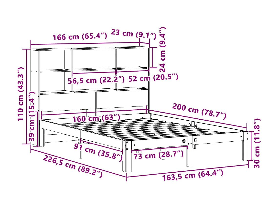 Lit bibliothèque sans matelas blanc 160x200 cm bois pin massif
