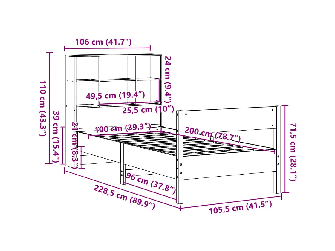 Massivholzbett mit Regal ohne Matratze Wachsbraun 100x200 cm