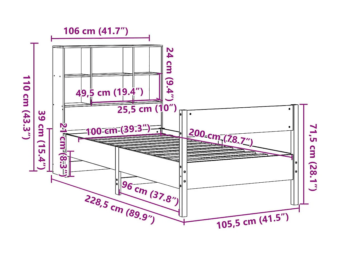 Letto Libreria senza Materasso Marrone Cera 100x200 cm in Pino