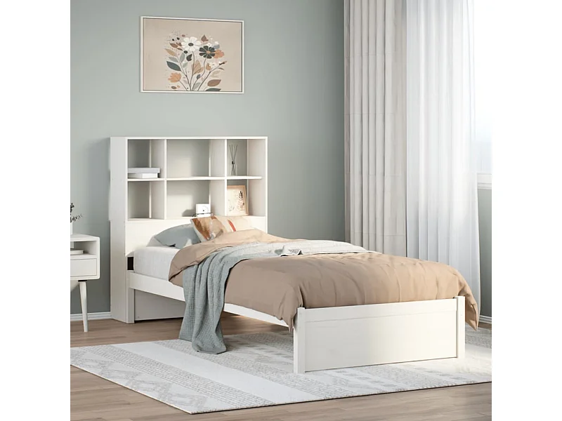 Lit bibliothèque sans matelas blanc 90x190cm bois de pin massif