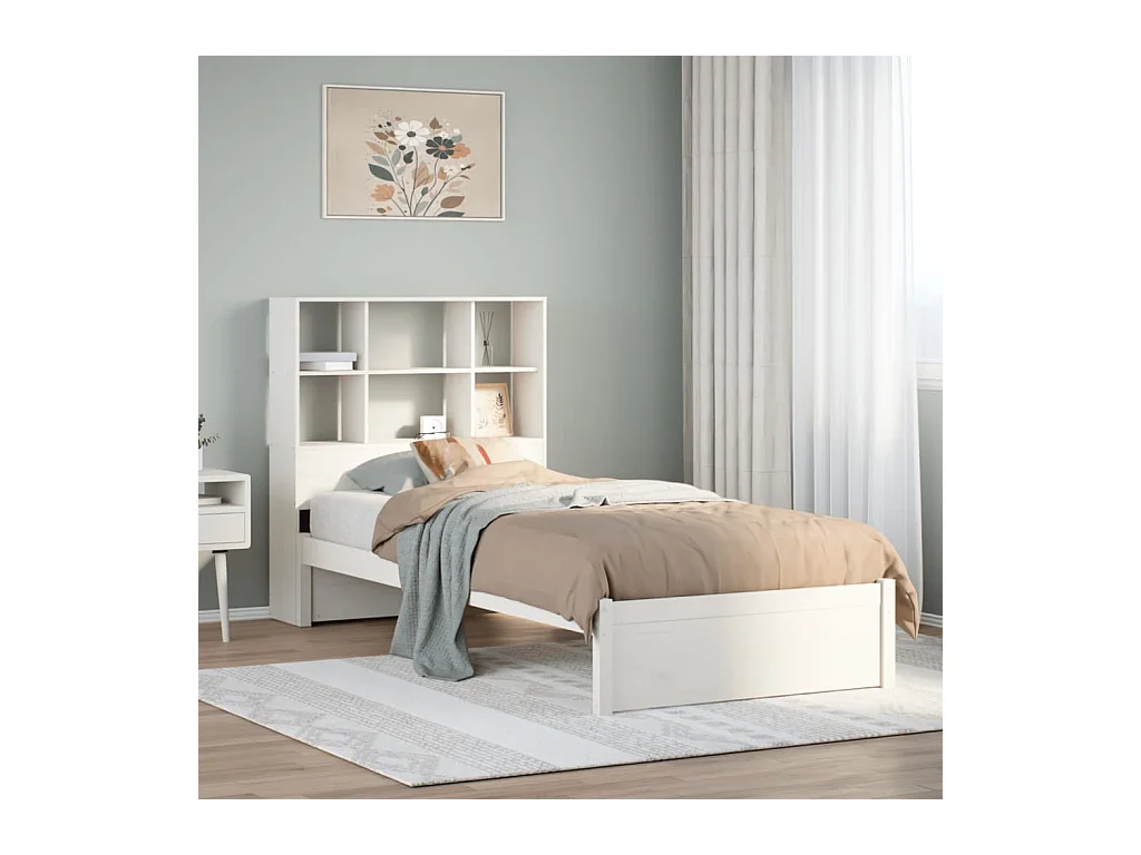 Lit bibliothèque sans matelas blanc 90x190cm bois de pin massif