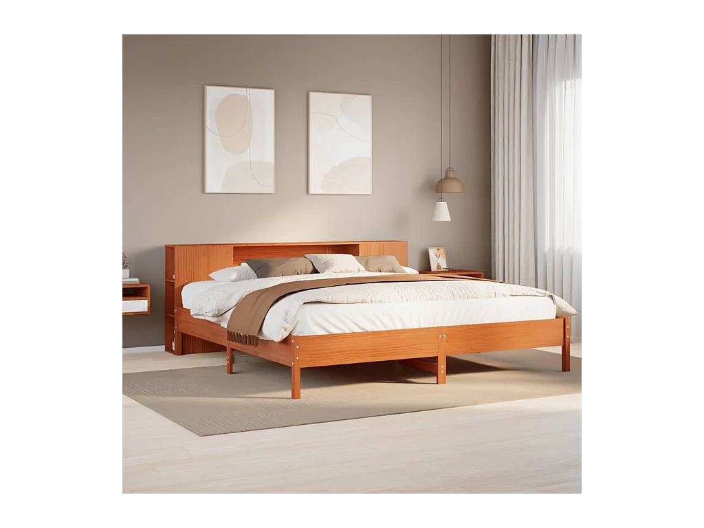 Letto Libreria senza Materasso Marrone Cera 200x200 cm in Pino