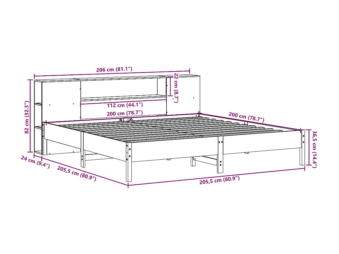 Massivholzbett mit Regal ohne Matratze Wachsbraun 200x200 cm