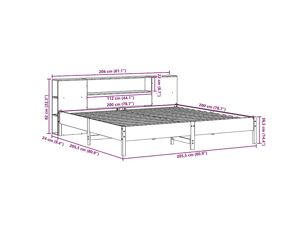 Letto Libreria senza Materasso Marrone Cera 200x200 cm in Pino
