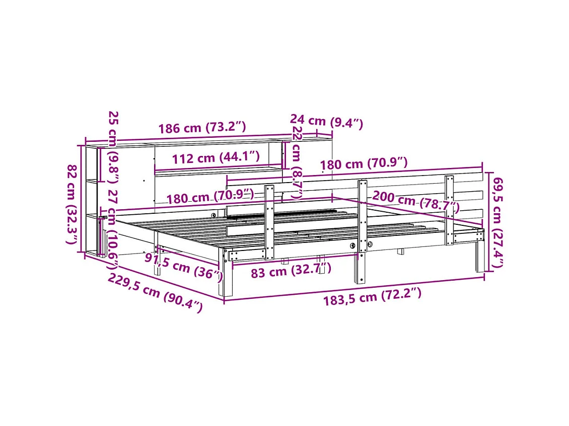 Cama con estantería sin colchón madera maciza blanca 180x200 cm