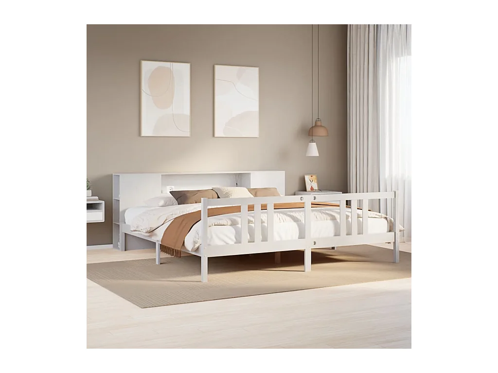 Lit bibliothèque sans matelas blanc 200x200 cm bois pin massif