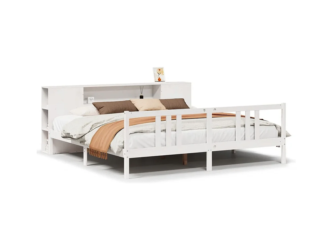 Lit bibliothèque sans matelas blanc 200x200 cm bois pin massif