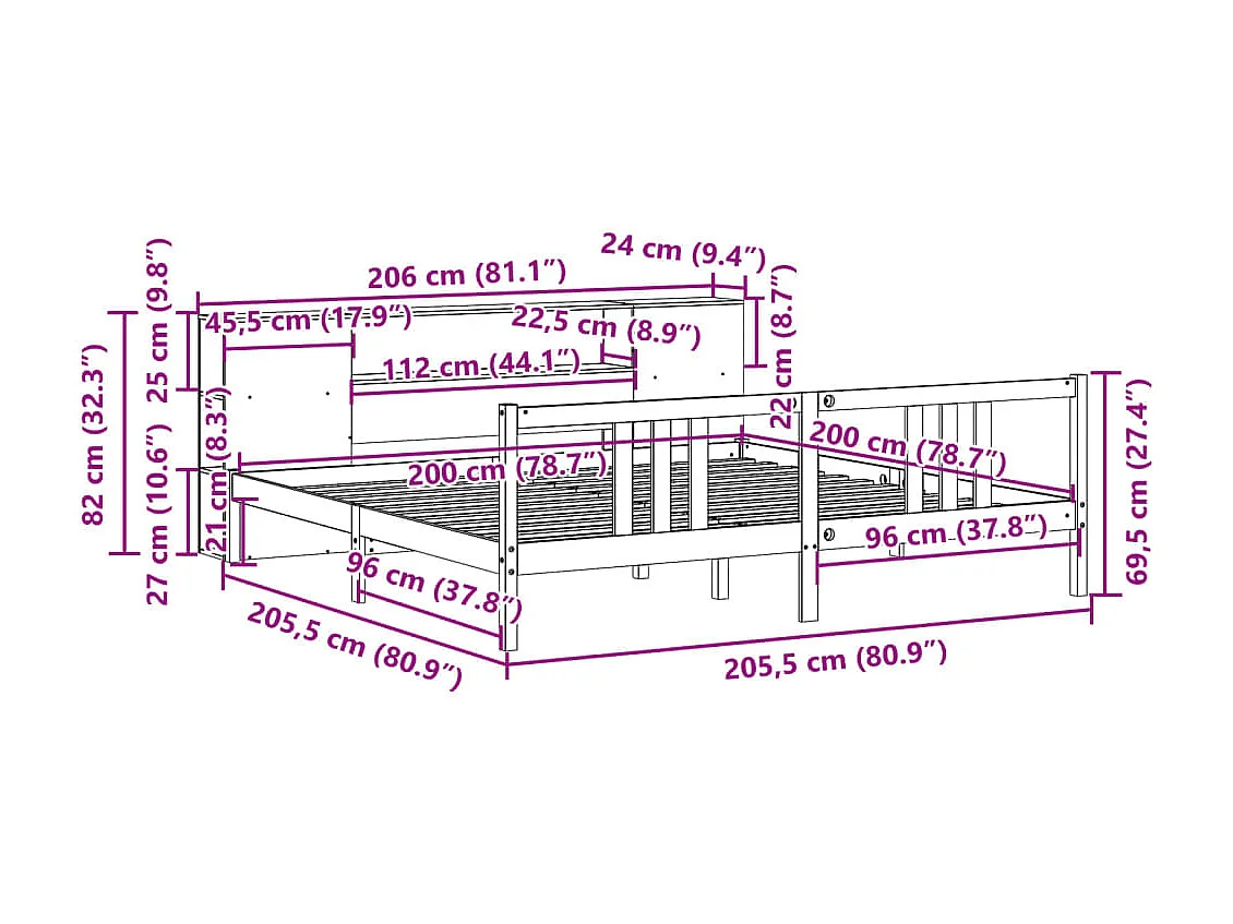 Cama con estantería sin colchón madera maciza blanca 200x200 cm