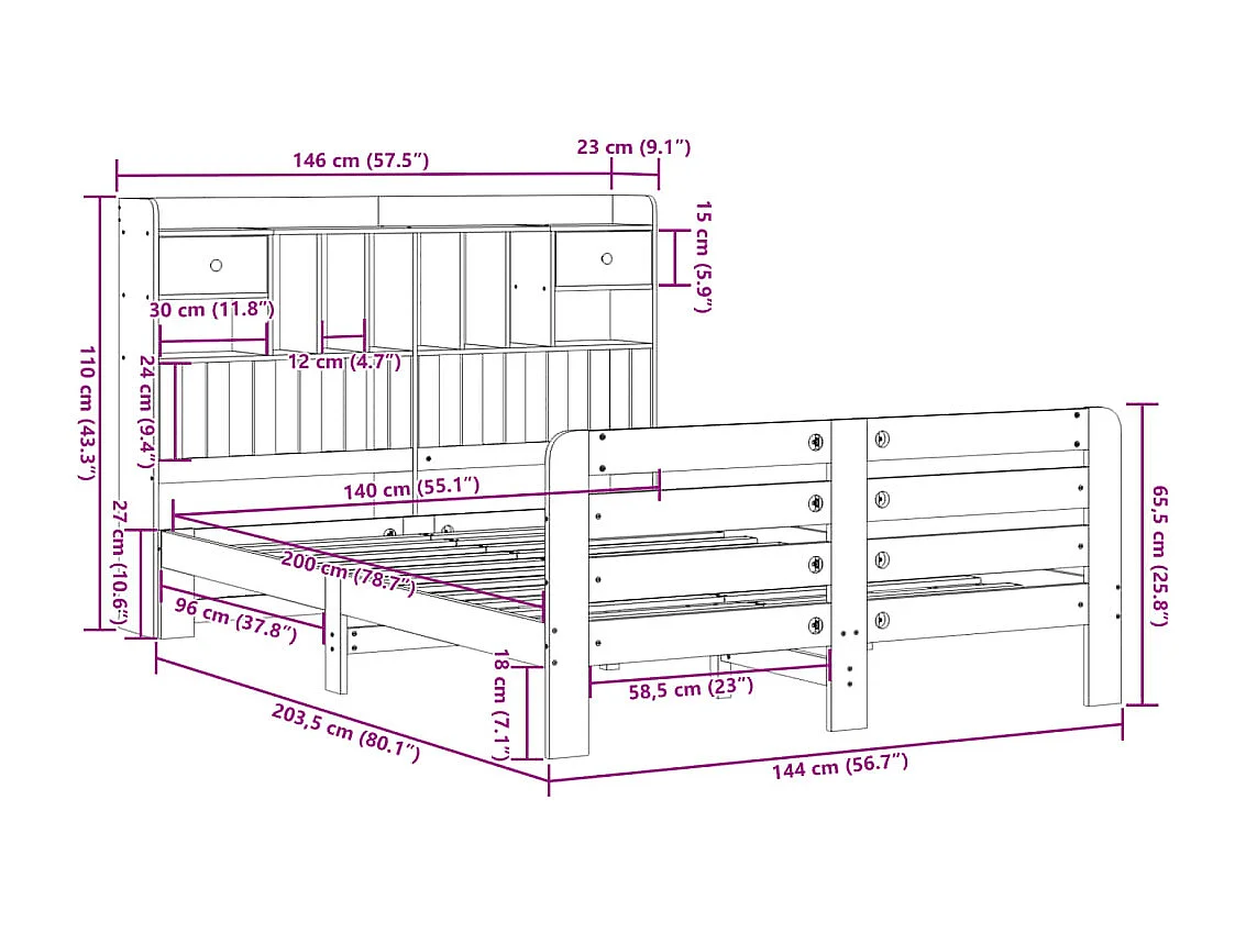 Bed met boekenkast zonder matras grenenhout wit 140x200 cm