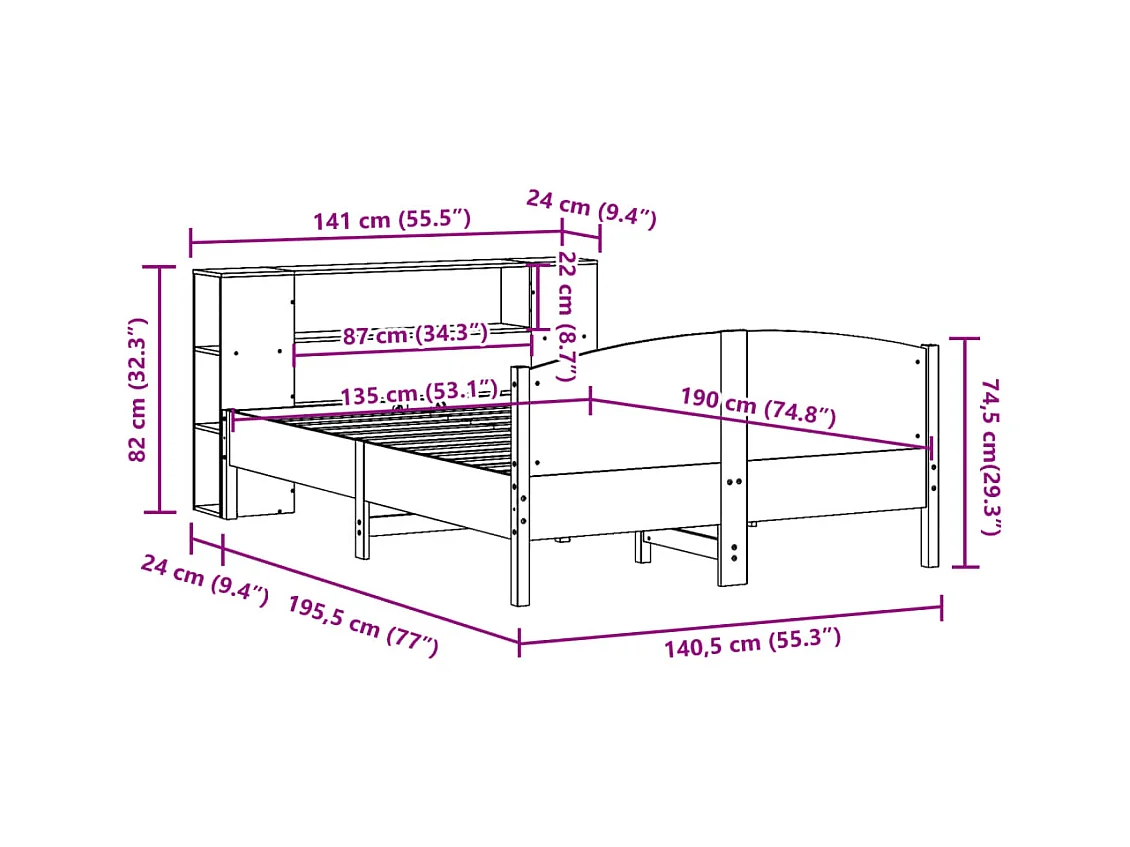 Lit bibliothèque sans matelas blanc 135x190 cm bois pin massif