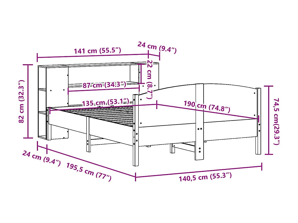 Cama com estante sem colchão 135x190 cm pinho maciço branco