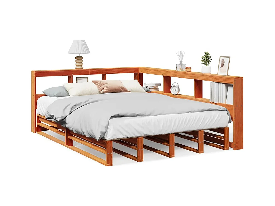 Lit bibliothèque sans matelas cire marron 140x190 cm pin massif