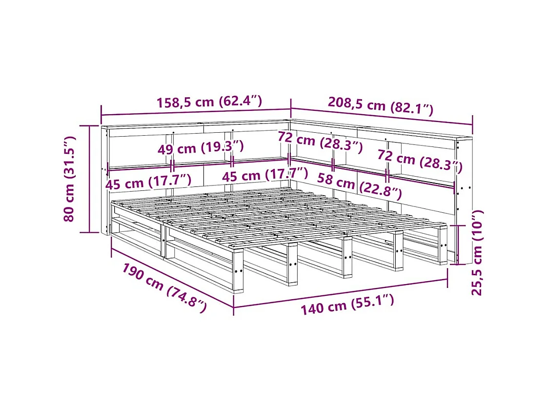 Lit bibliothèque sans matelas cire marron 140x190 cm pin massif
