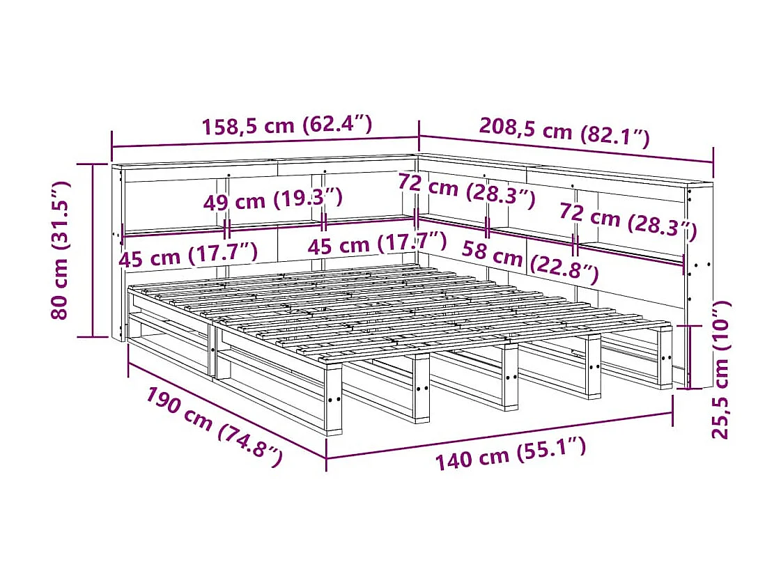 Cama con estantería sin colchón madera maciza marrón 140x190 cm