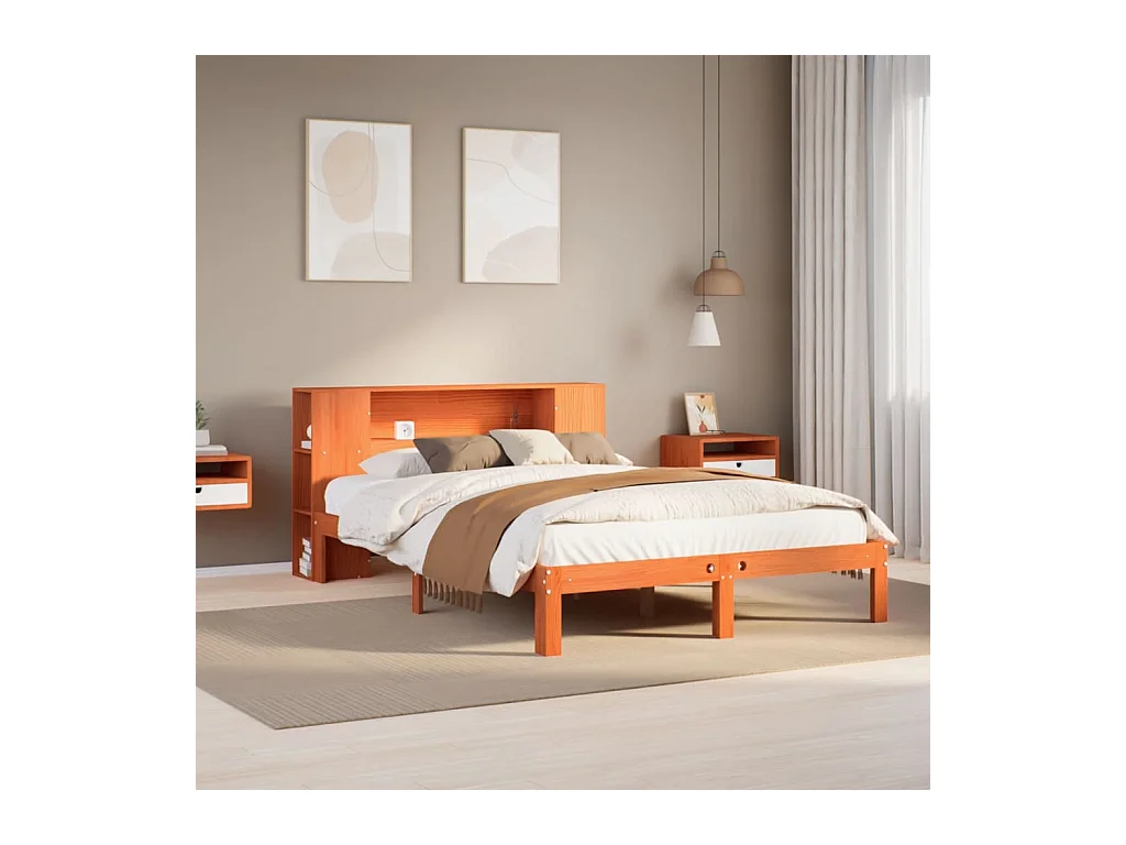 Lit bibliothèque sans matelas cire marron 135x190 cm pin massif